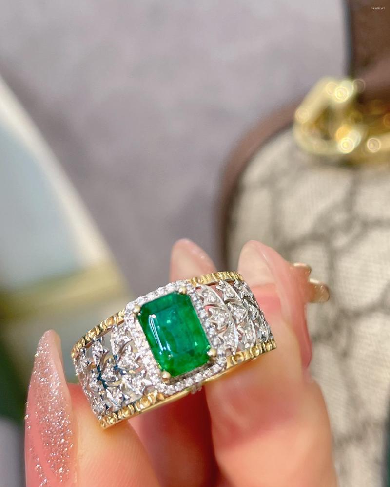 

Cluster Rings Emerald Ring 1ct Pure 18K Gold Jewelry Green Gemstone Diamond Female For Women Fine