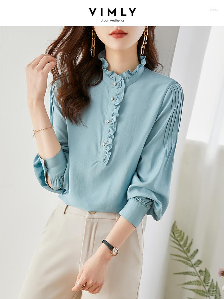 

Women' Blouses Vimly Elegant Ruffled Stand-up Collar Shirts For Women 2023 Spring And Autumn Clothes Long Lantern Sleeve Loose Pullover, Blue