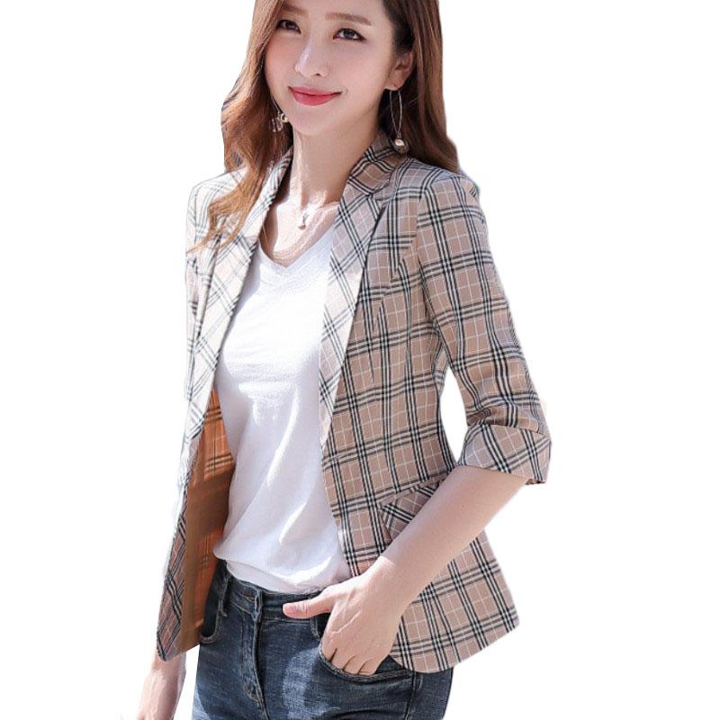 

Pants Plaid Blazer Female British Casual Short Small Suit Spring Office Lady Single Button Three Quarter Women's Suit Lattice Jacket, Brown