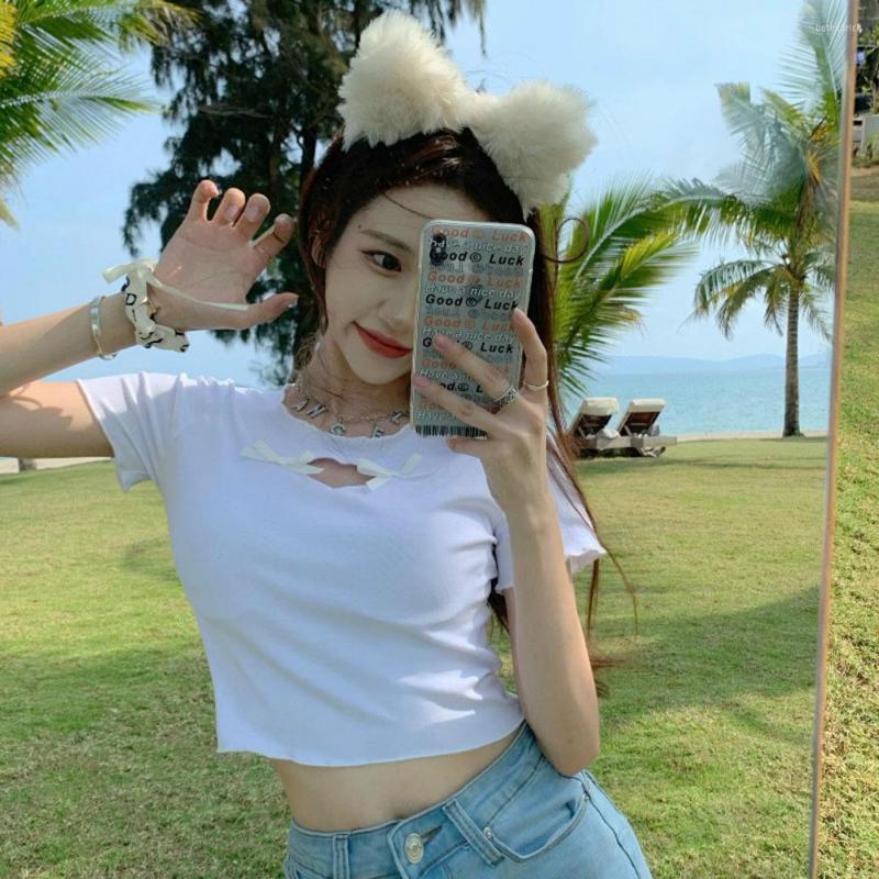 

Women' T Shirts Summer Fashion Heart Hollow Out T-shirts Sweet Girls Slim Solid Crop Tops Short Sleeve Ulzzang Lovely Kawaii Bow, Black