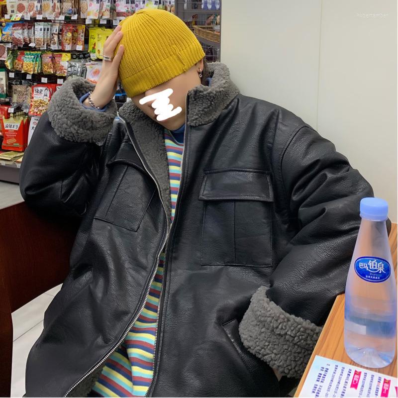 

Men's Down Winter Thick Leather Jacket Warm Fashion Parka Men Solid Color Casual Fur Collar Coat Man Wild Plus Velvet, Black