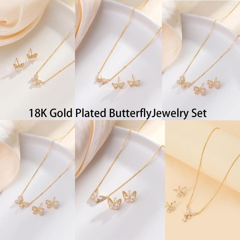 

Necklace Earrings Set Women Luxury Stunning Zircon Butterfly Ear Stud Gold Plated Stainless Steel Chain Earring Suit For Wedding, Picture shown