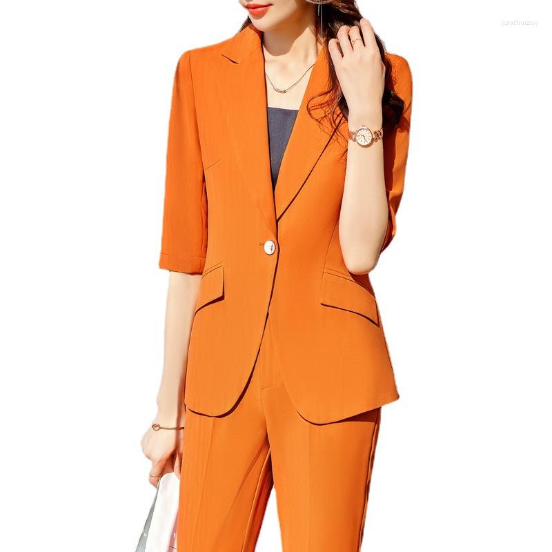 

Women' Two Piece Pants Fashion Ladies Summer Office Work Wear Pant Suit Women High Quality Half Sleeve Jacket And Trouser Formal 2 Set, Caramel