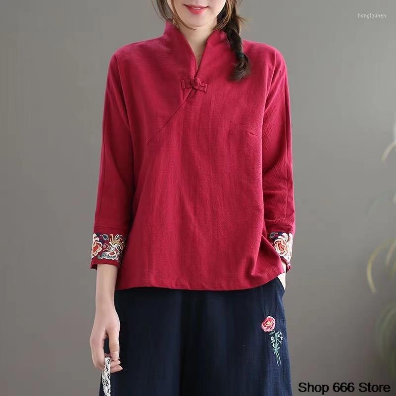 

Ethnic Clothing Spring National Style Literature Art Vintage Top Chinese Traditional Hanfu Cotton Linen Embroidery Women's Plain Color