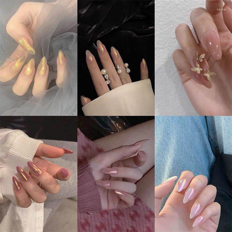 

False Nails Nail Art Patch Finished Fairy Aurora Powder Color Pearl Fake Polish French Extension Medium Length Pointed 24Pcs, 03