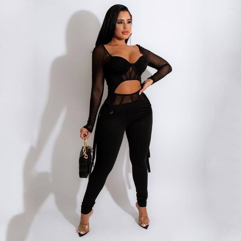 

Women' Two Piece Pants Sequare Neck 2 SetWomen Sexy Solid Mesh Patchwork Tracksuits Woman Casual Long Sleeve Tops Women Set, Black