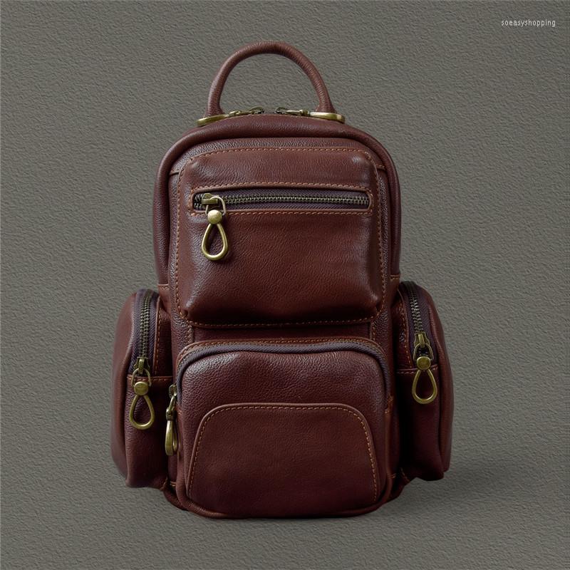 

Backpack Vintage High-quality Genuine Leather Men's Multifunctional Small Designer Luxury Soft Natural Real Cowhide Chest Bag, Light brown