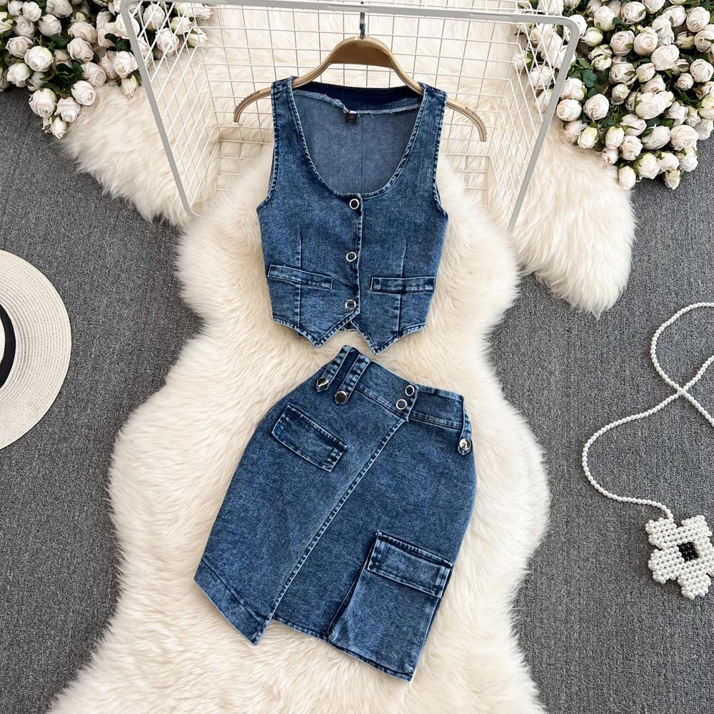 

Dress Sweet Denim Bodycon Dress Set Two Piece Sets Womens Outfits High Waist Vintage Button Female + Mini Skirt Woman Dropshipping, Blue