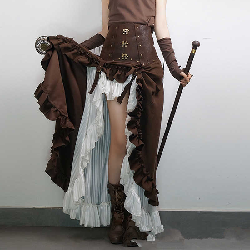 Skirts Autumn Winter Women Steam Punk Victoria Style Long Maxi Skirt Gothic Fashion Vintage High Waist Ruffle Skirt P230420-image-860312308