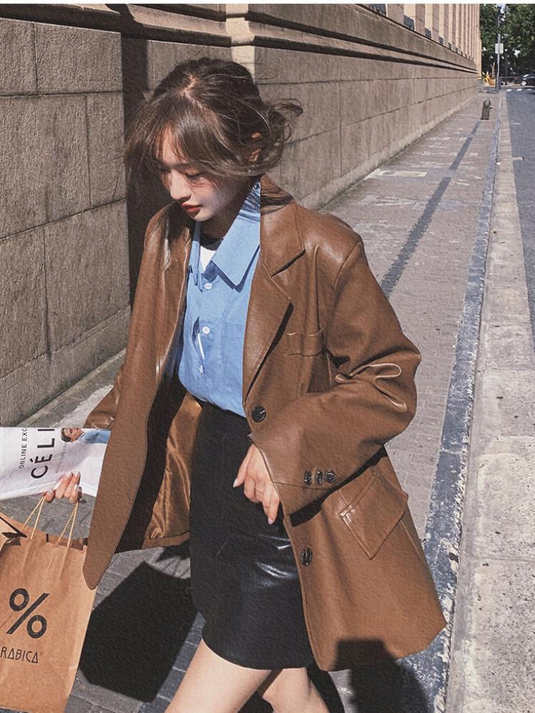 

Women' Leather & Faux Blazers Jackets Clothes For Women Suit Coat Single Breasted Spring Autumn Normcore Brown Fur Jacket PU Outewear, Brown leather jacket