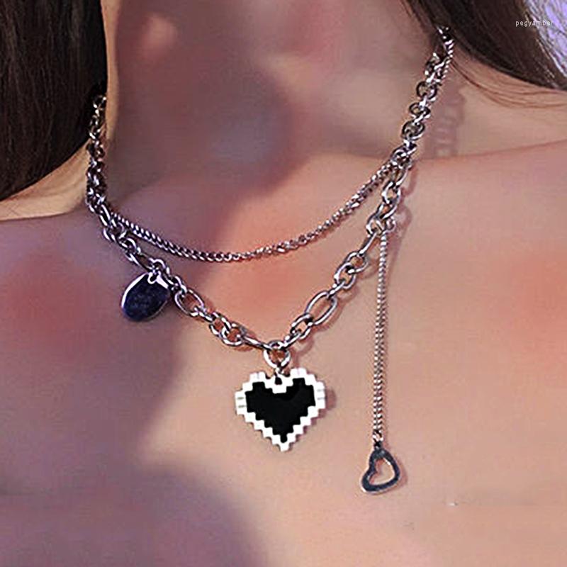 

Chains Mosaic Black Heart Pendant Necklaces Women Fine Double Link Chain Metal Party Necklace Jewelry Gift Lovers