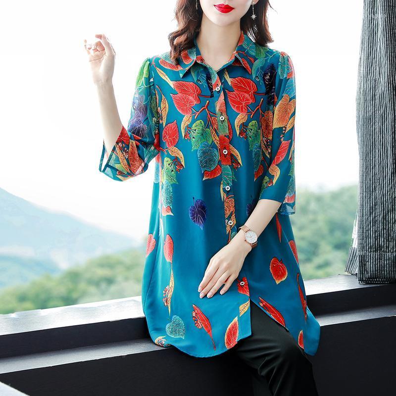

Women's Blouses Chiffon Loose Women Leisure Shirts Lady Fashion Casual Summer Half Sleeve Turn-down Collar Printing Blue Tops Clothes A104