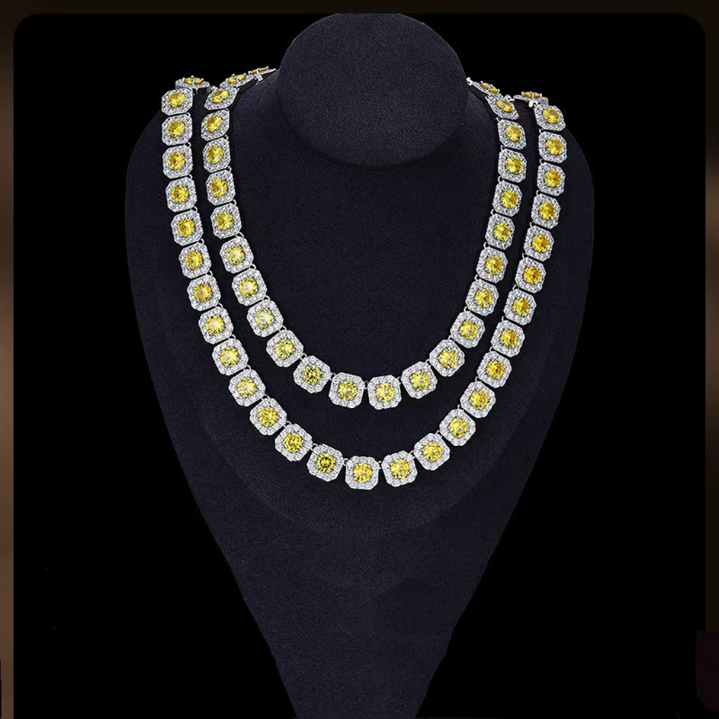 

European and American hip-hop 12mm square rock sugar yellow stone men's necklace with micro inlaid zircon