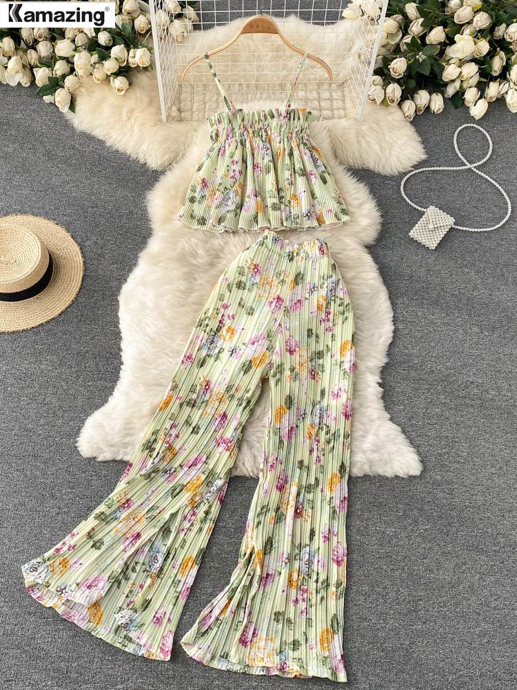 

Pants Women Summer Maxi Print Pants Suits New Sleeveless Strap Tops Female Casual Chiffon Two Pieces Sets Beach Clothes, Color 1