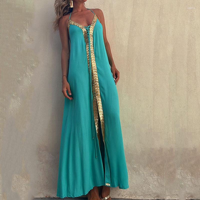 

Casual Dresses Sexy Hollow Backless Patchwork Evening Dress Lace Up Halter Holiday Long Fashion Bohemian Sleeveless Split Women, 01 red