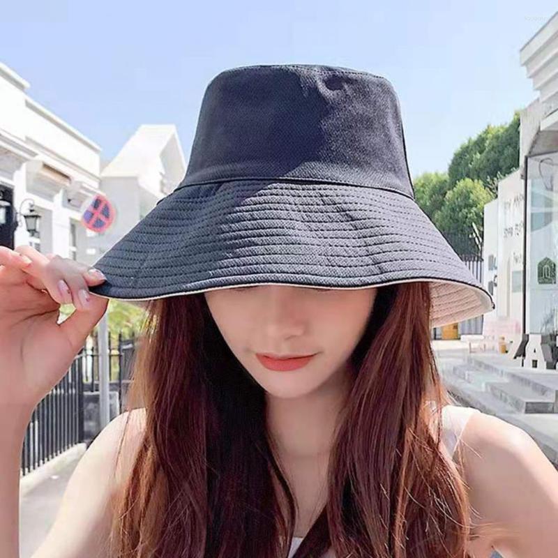 

Wide Brim Hats Flat Dome Sunscreen Bucket Hat Anti-UV Foldable Women Solid Color Summer Fisherman Fashion Accessories, Black