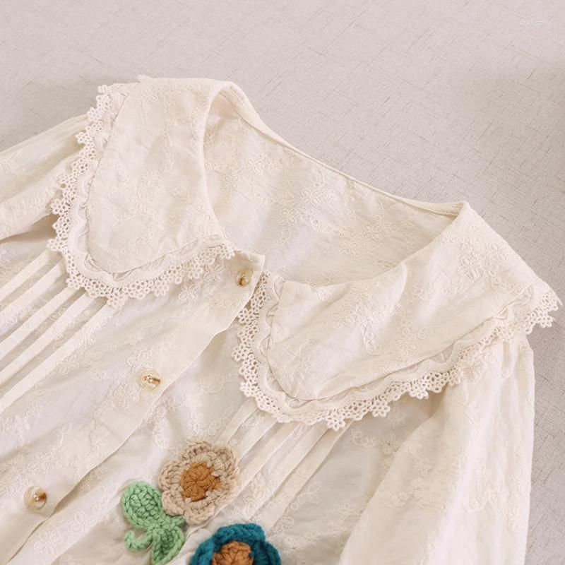

Women's Blouses Sweet Mori Female Japanese Embroidery Lace Doll Collar Long-Sleeved Shirt Loose Cardigan Spring, Milky white