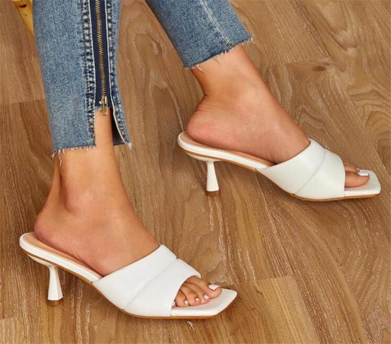 

2021 New Fashion Summer Women039s Mules Ladies Slides Shoes Size 3541 Slippers Elegant Square Toe Thin High Heels Sandals8870673, Brown