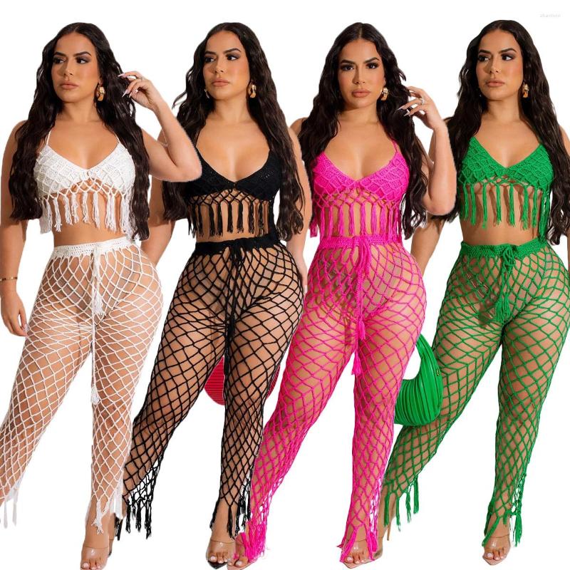 

Women' Swimwear 2023 Crochet 2 Pieces Beach Cover-ups Sexy Women Tassel Bra Top Fish Net Pants Siwmear Cover Up Wear, White