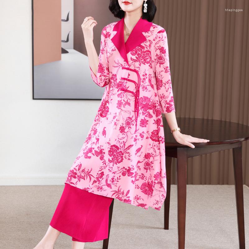 

Women's Two Piece Pants Set For Women 45-75kg Vintage Chinese Style Stretch Miyake Pleated Printed Long Top Pant Casual Suit, Blue