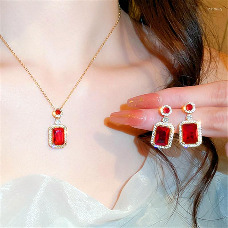 

Necklace Earrings Set Luxury Red Crystal Square Drop And For Women Bridal Wedding Party Jewelry, Picture shown