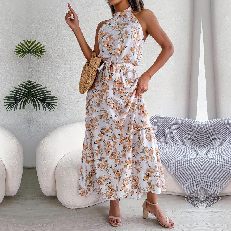 

Casual Dresses 2023 Spring Summer Halter Neck Tie Open Backless Floral Long Dress Irregular Holiday, Pink