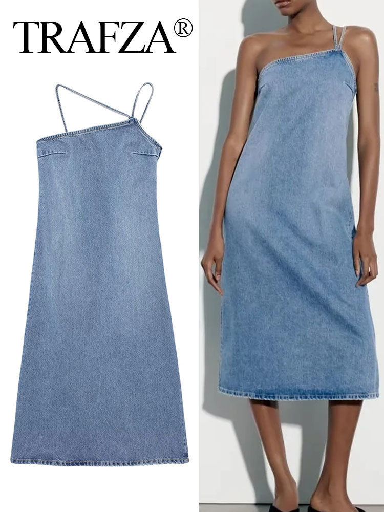 

Casual Dresses TRAFZA Woman Asymmetric Denim Slip Long Dress Midi Summer Dresses Elegant Party Dresses Women One Shoulder Bodycon Denim Dresses 230420, Beige