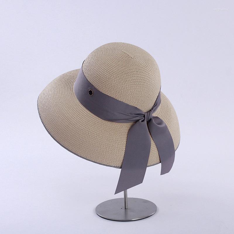 

Wide Brim Hats High Quality Retro Hepburn Wind Straw Hat Elegant All-match Bow Female Summer Sun Wide-brim Protection Travel Beach, Beige