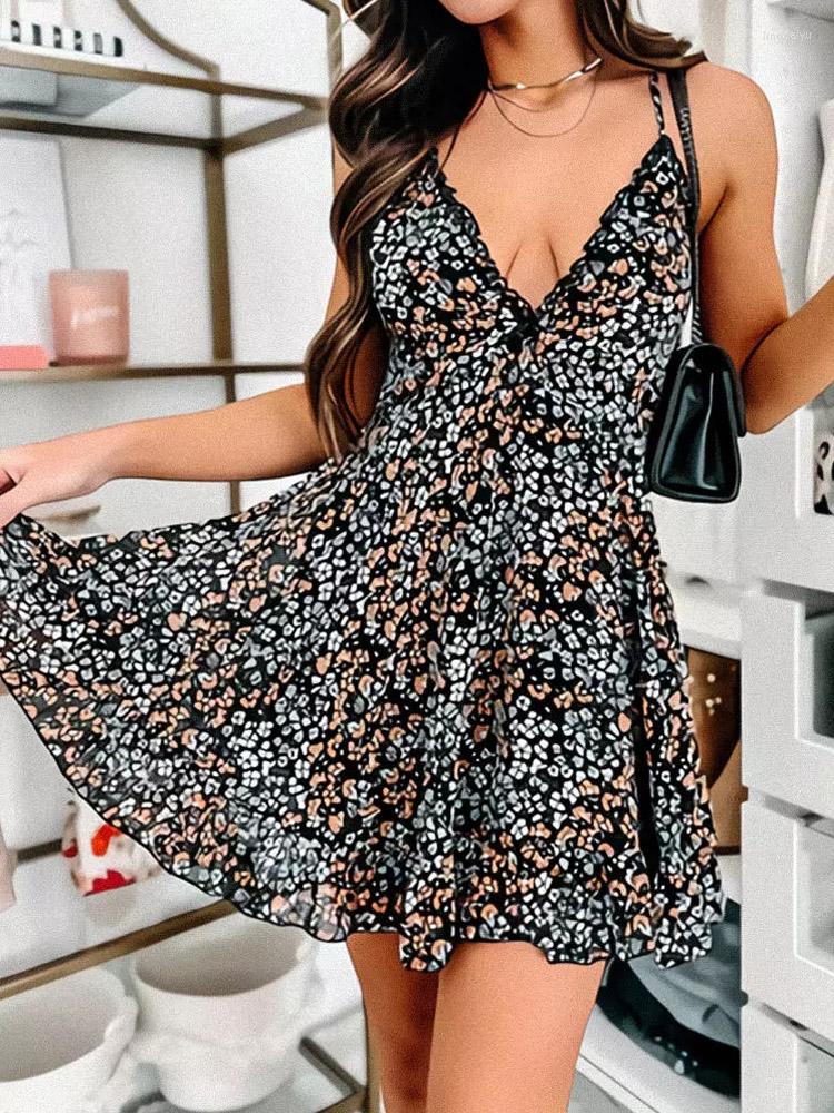

Casual Dresses Lace Floral Spaghetti Strap Mini Dress Fashion V-Neck Slim Slash Neck Sleeveless For Women, Multi