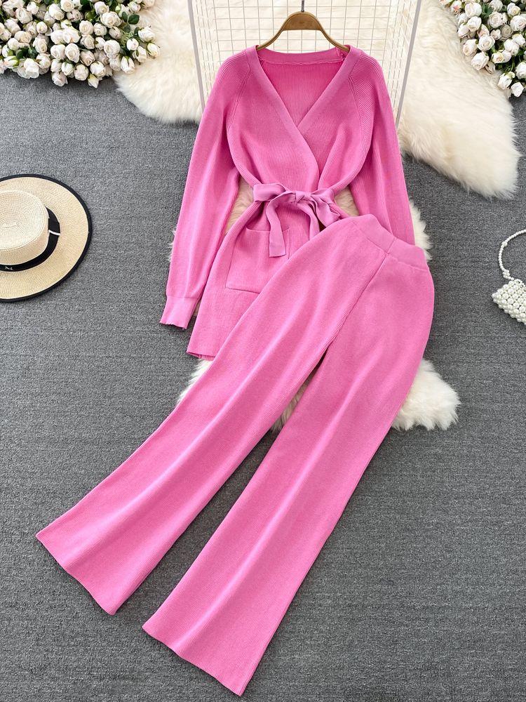 

Women's Two Piece Pants Autumn Winter Solid Color Knitted Pieces Set Women Pocket Lace Up Long Cardigan Sweater Coat Wide Leg Pant Trousers, Beige