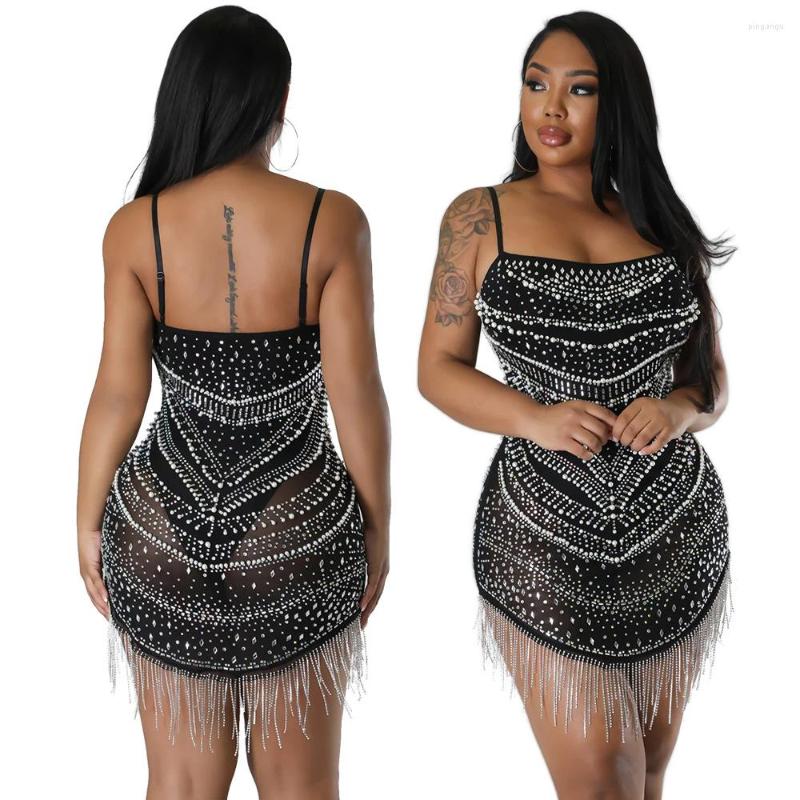 

Casual Dresses Sparkly Black Rhinestone Fringe Tassel Mini For Women 2023 Evening Party Club Mesh Sheer Crystal Dress
