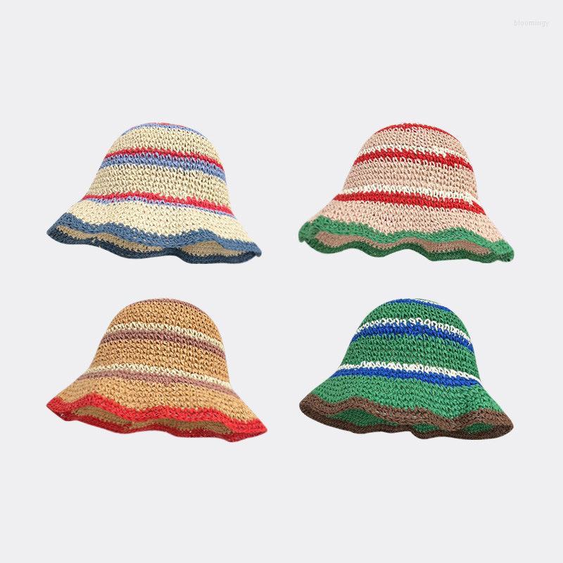 

Wide Brim Hats 2023 Contrast Stripe Knit Bucket Hat Spring And Summer Korean Casual Curly Basin Cap Breathable Japanese Retro Women, Pink