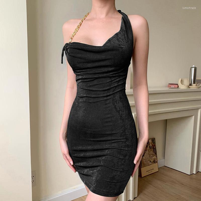 

Casual Dresses BKLD Summer Asymmetric Chain Halter Sexy Bandage Short Tight Dress Temperament High Waist Sleeveless Open Back Club Outfits, Black