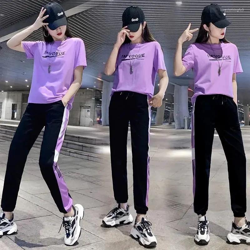 

Women's Two Piece Pants Women's Casual Loose Sports Sets 2023 Summer Fashion Sportswear Suit Female Short Sleeve T-shirt And, Purple