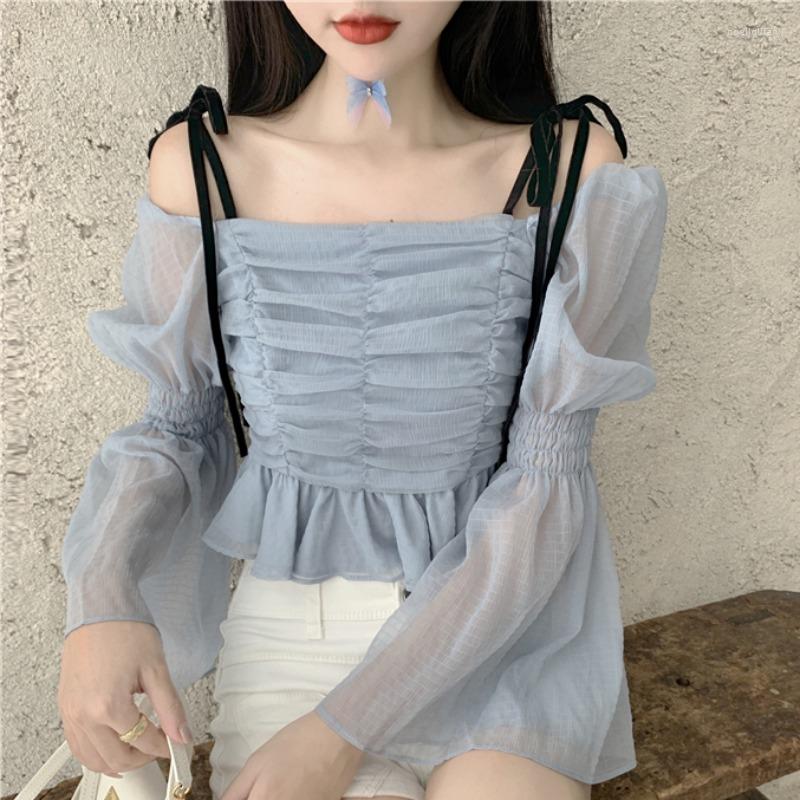 

Women's Blouses 2023 French Sweet Square Collar Chiffon Blouse Flared Sleeves Off-shoulder Slash Neck Ruffled Long-sleeved Tops, Pink tops