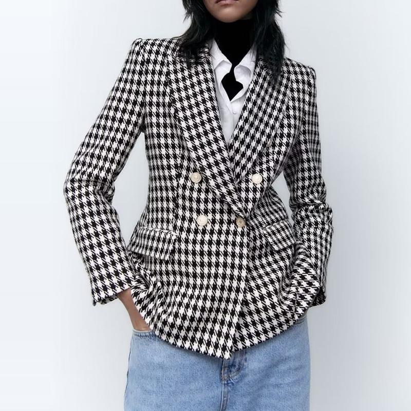 

Pants TRAF Autumn Women New Houndstooth Double Breasted Slim Blazer Coat Lapel Long Sleeve Outerwear 2022 Female Chic Tops Jacket, Black and white