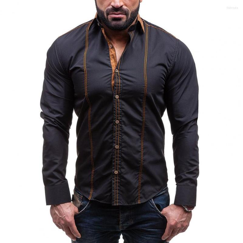 

Men's Casual Shirts Men Clothing Long Sleeve Turn-down Collar Shirt Button Cuffs Featured Sewing Thread Slim Office For Autumn 2023, Black