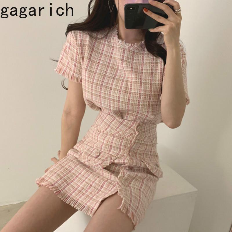 

Dress Gagarich Women Two Piece Set 2022 Office Lady Chic Summer New ONeck Short Pullover Plaid Button Tassel Wild Skirts Elegant, Blue