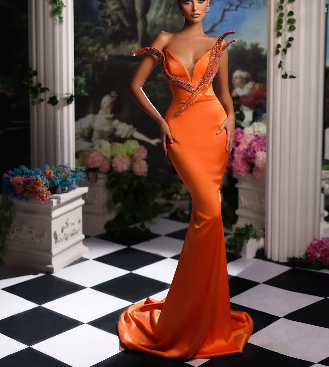 

Luxury Orange Mermaid Prom Dresses Sleeveless V Neck Appliques Sequins Beaded Floor Length Diamonds Satin Feather Evening Dress Bridal Gowns Plus Size Custom Made, Light purple