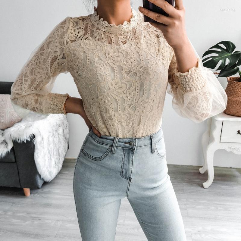 

Women' Blouses Autumn Women Elegant O Neck Long Sleeve Lace Mesh Top For Ladies Fashion All Match Chic, Beige