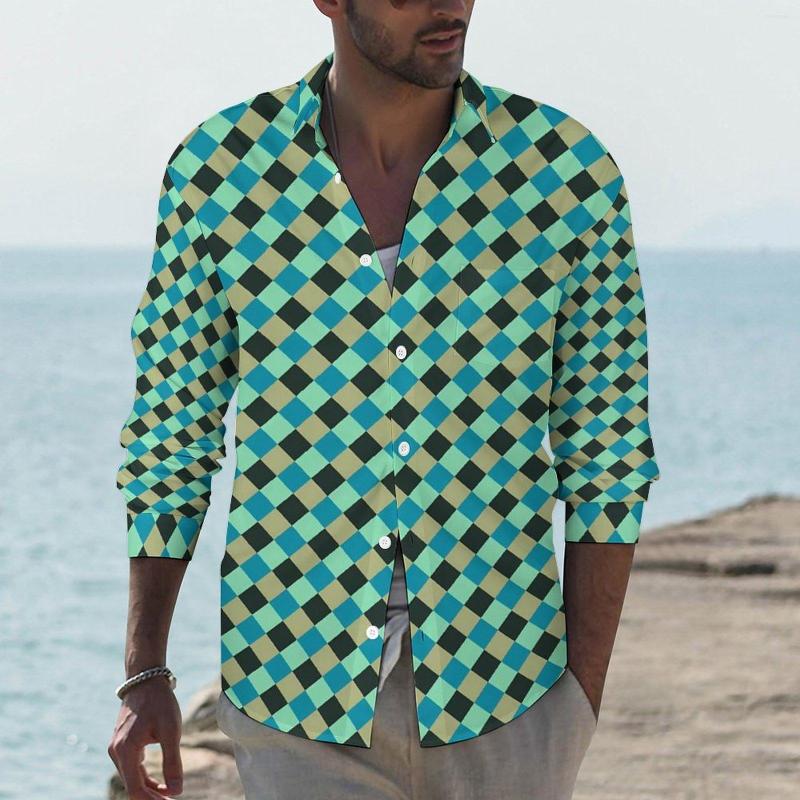 

Men' Casual Shirts Retro Square Shirt Autumn Green Blue Plaid Men Trending Blouses Long Sleeve Graphic Y2K Clothing Large Size, Style-7