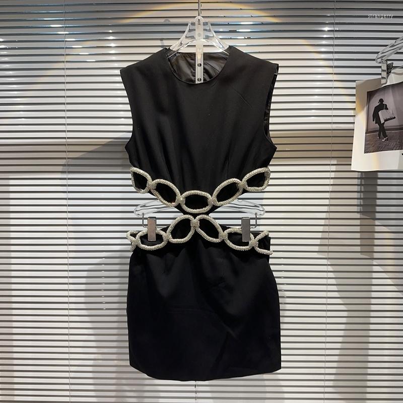 

Casual Dresses PREPOMP 2023 Summer Design Sleeveless Round Neck Rhinestone Ring Hollow Out Waist Black Knee Length Dress Women 018