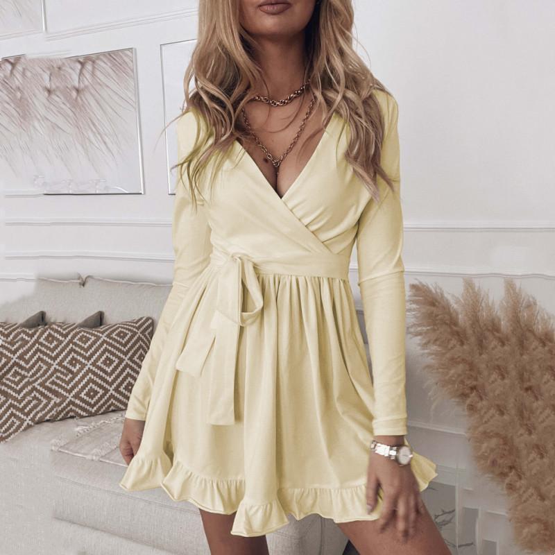 

Casual Dresses Summer Women Dress Fashion Ruffle High Waist Bow Lace Up Sundress V-neck Long Sleeve A-Line For Laides Office Wear, White