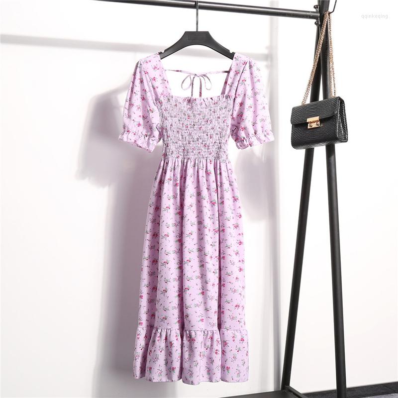 

Casual Dresses Sweet Square Collar Pleated Waist Slim Floral High Dress Ladies Spring Summer Women' Print, Mixedcolor4