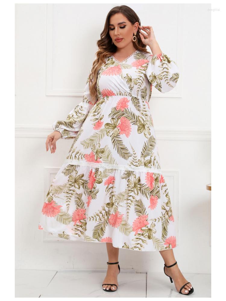 

Plus Size Dresses Spring And Autumn Lace V-Neck Dress Women's Print Fat MM Large Long Feminino, Pink