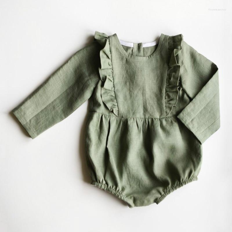

Rompers 2023 Autumn Baby Girls Boys Bodysuit Ruffles Round Collar Long Sleeves Linen Cotton Jumpsuit Born Clothes, Green