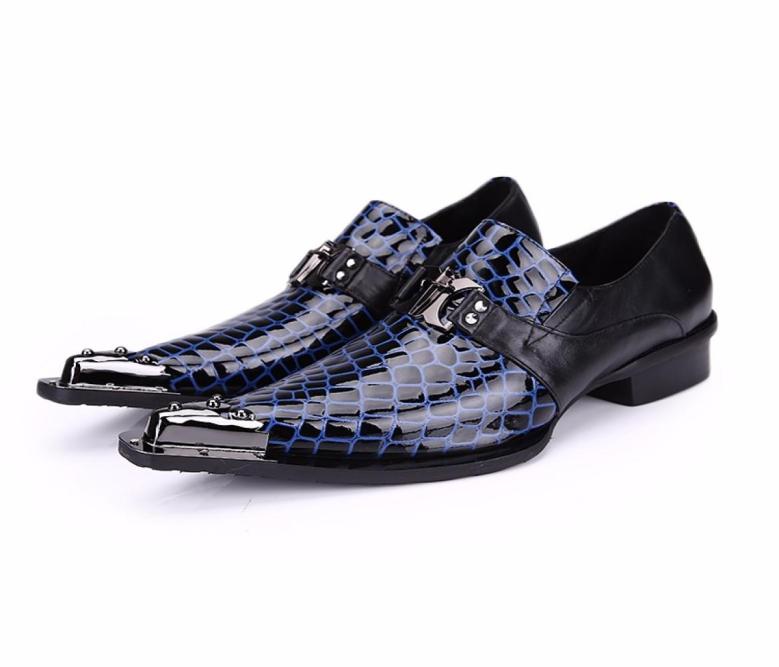 

New Style Luxury Fashion Genuine Leather Snakeskin Mens Shoes Pointed Metal Wedding Business Suit Shoe Plus7424846, Blue