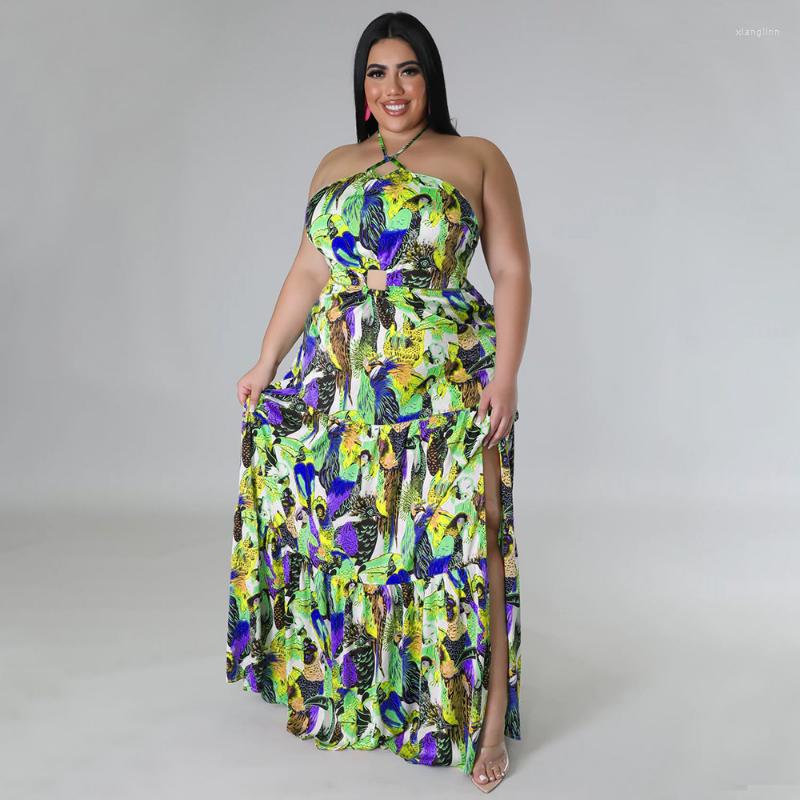 

Plus Size Dresses KEXU Floral Print Women Off Shoulder Hatler High Waist Big Swing Maxi Dress 2023 Sexy Backless Beach Party, Yellow