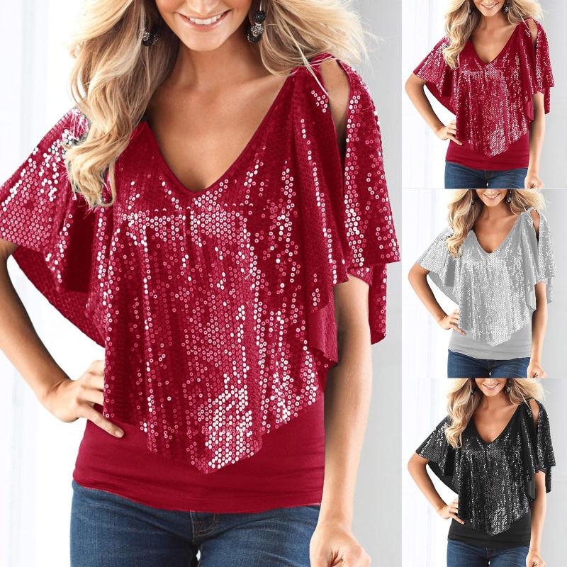 

Women's Blouses Party Sequins Capes Blouse Women V Neck Short Sleeve Solid Color Casual Pullovers Club Nightgowns Elegant Office Lady Tops, Black