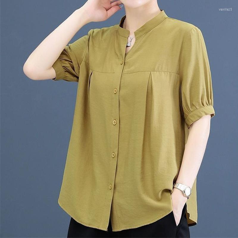 

Women's Blouses Women Summer Style Casual Oversize5XL Blouse Shirts Office Lady Elegant Short Sleeve Stand Collar Loose Blusas Solid Color, Blue
